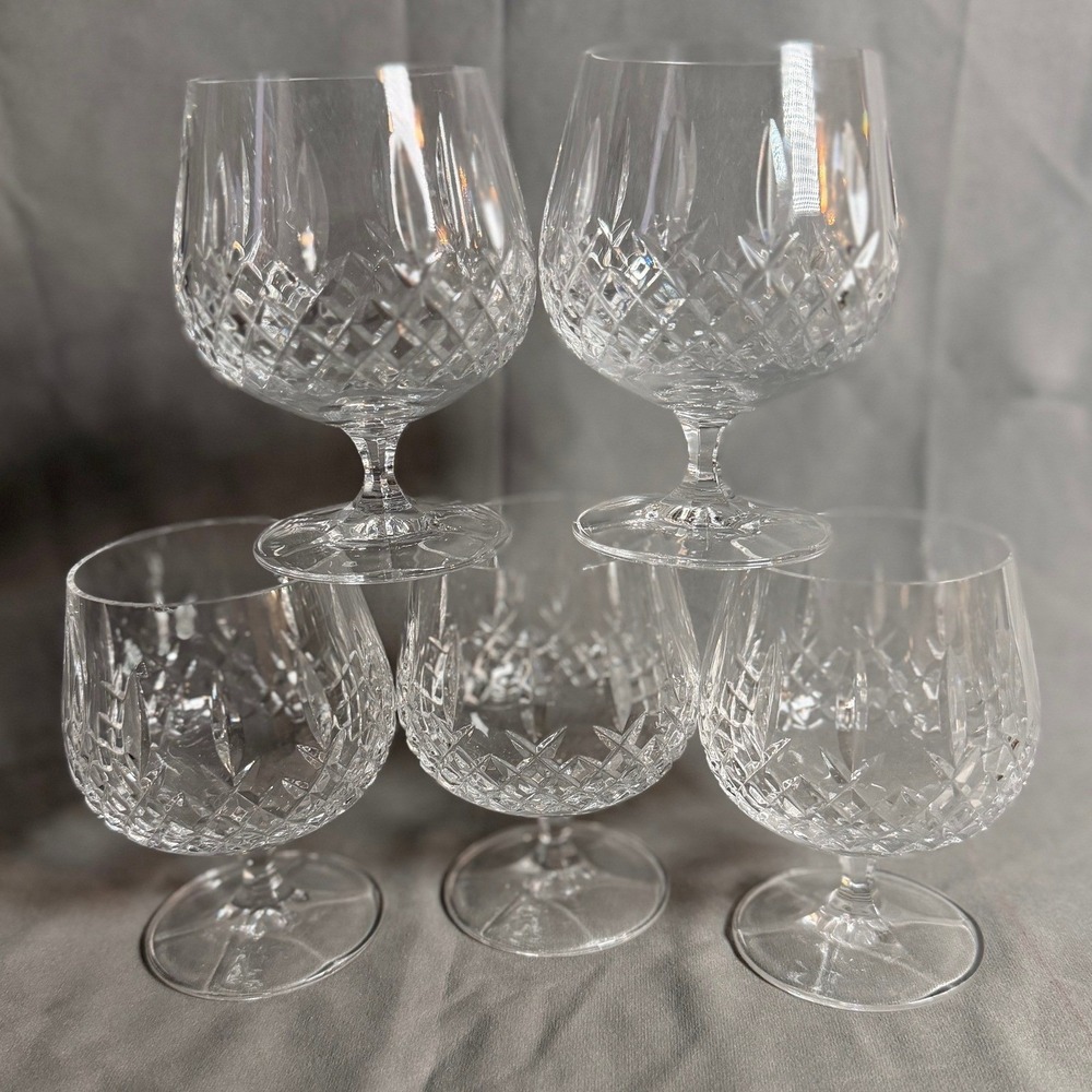 Vintage Crystal Brandy Snifters Diamond Cut Pattern Glassware Set of 5